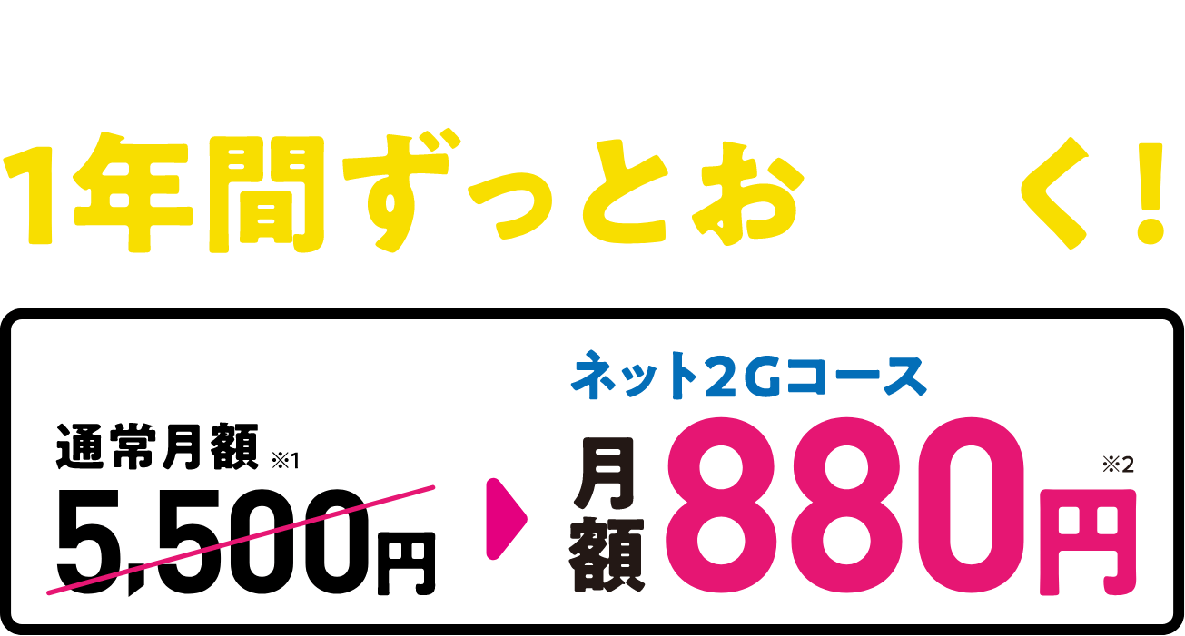 毎月割引だから1年間ずっとお安く!通常月額5,500円→ネット2Gコース月額880円