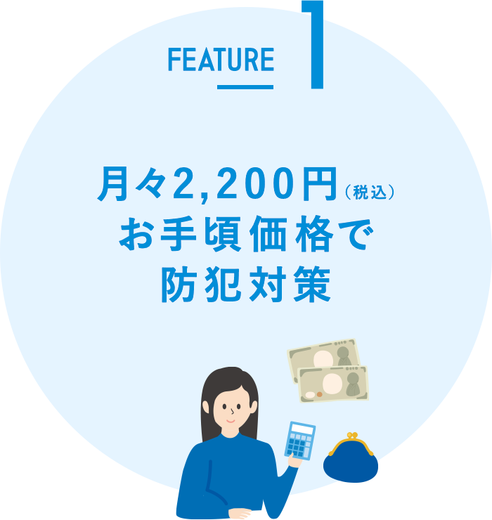Feature1 月々2,200円（税込）お手頃価格で防犯対策