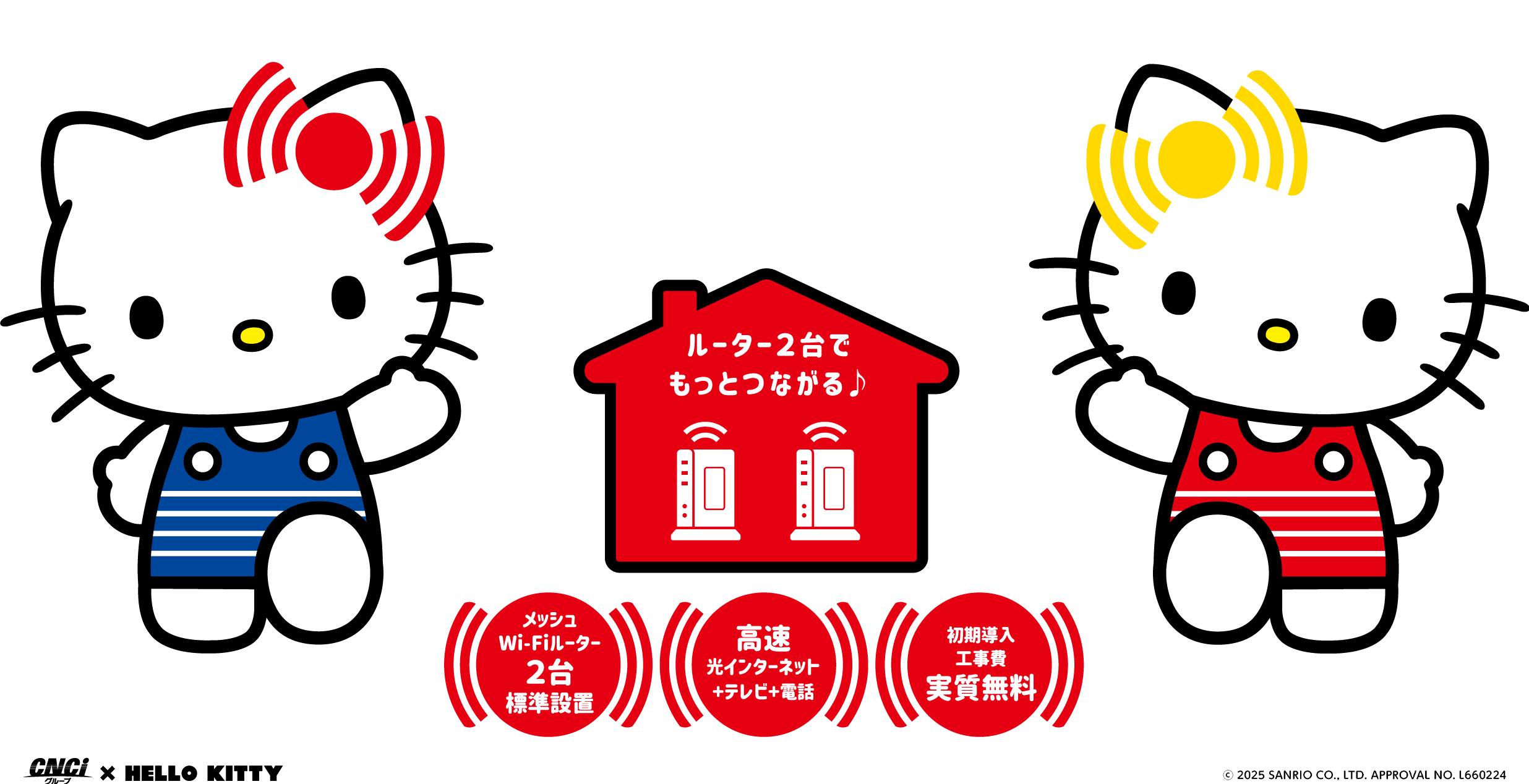 ルーター2台でもっとつながる♪ メッシュWi-Fiルーター2台標準設置 高速光インターネット+テレビ+電話 初期導入工事費実質無料 CNCiグループ × HELLO KITTY ©2025 SANRIO CO., LTD. APPROVAL NO. L648190